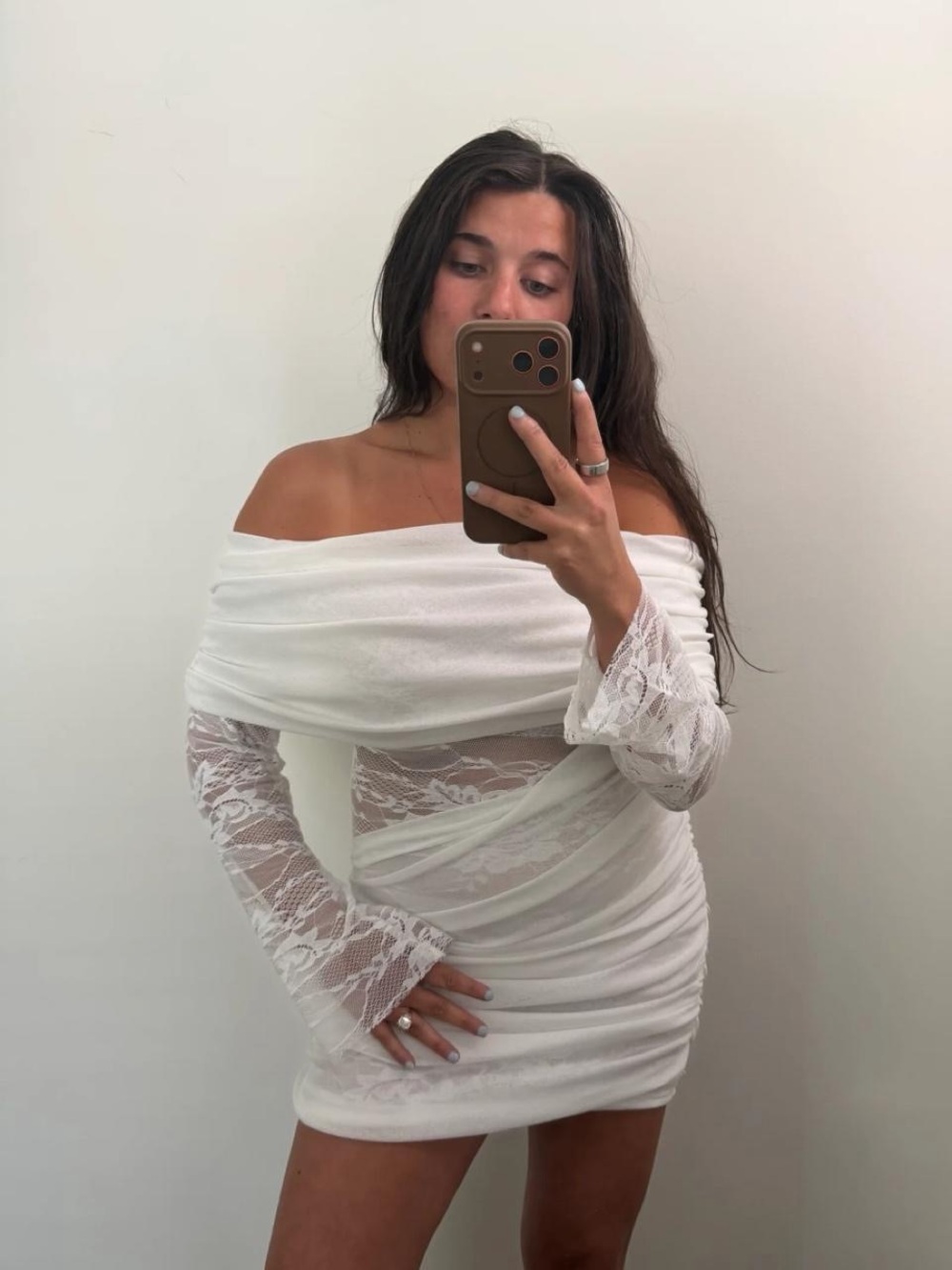 Off-Shoulder Lace Panel Mini Dress in White
